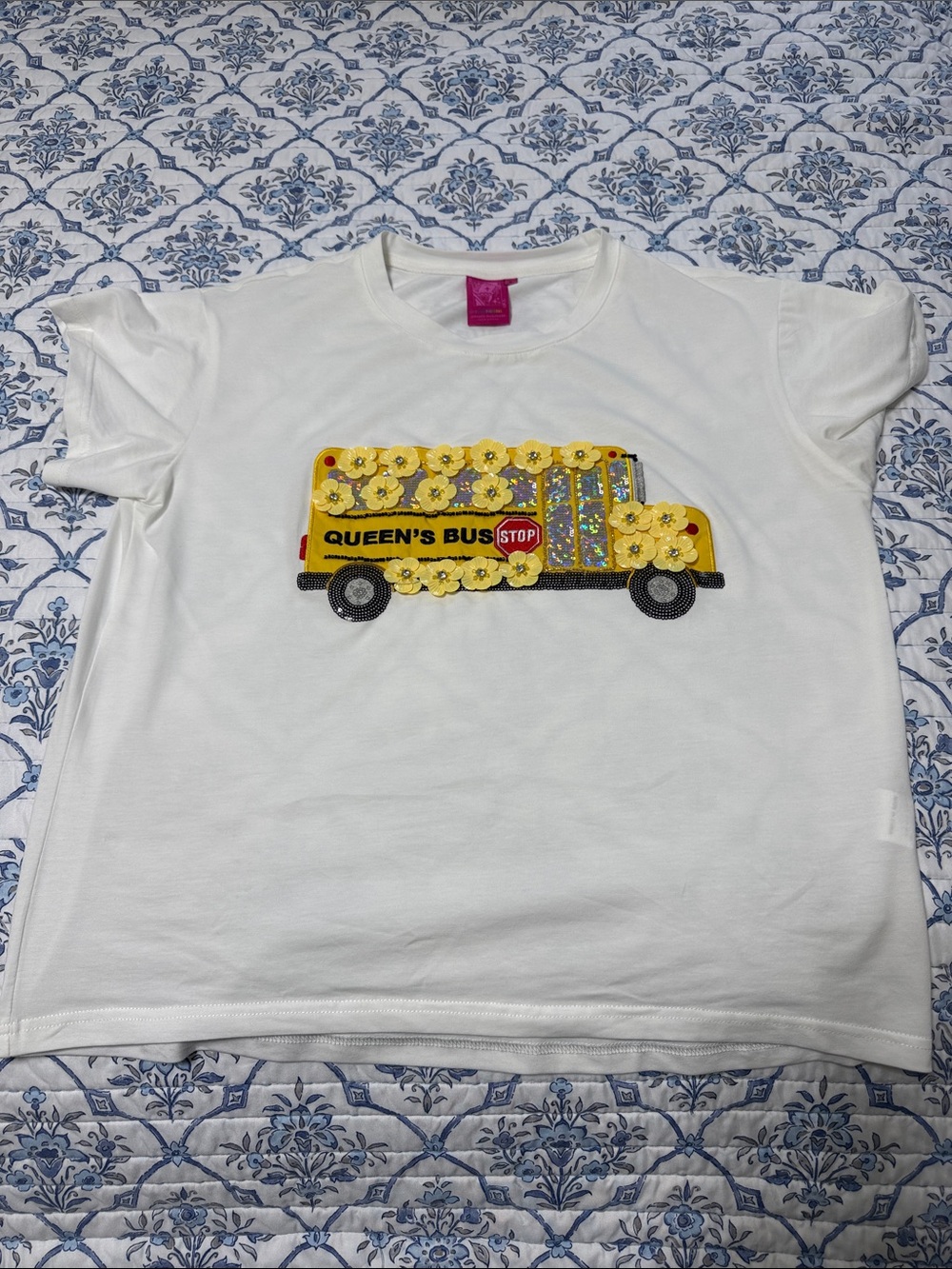 Queen of Sparkles Bus Embroidered Flower School Bus LadiesTee - White - small